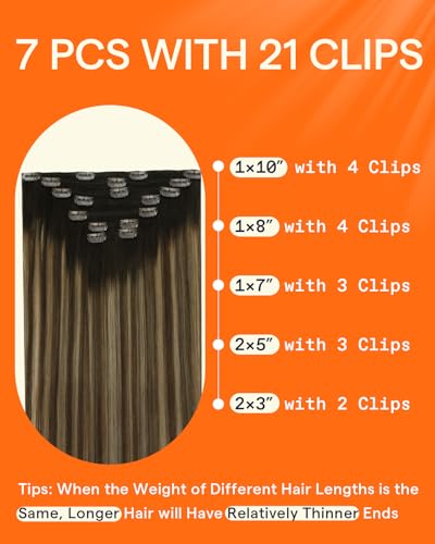 Image of Full Shine Human Hair Clip in Extensions, 20 Inch, Balayage | Dark Brown to Caramel Blonde, Human Hair Extensions Clip ins, for Women, 7 Pcs 120g