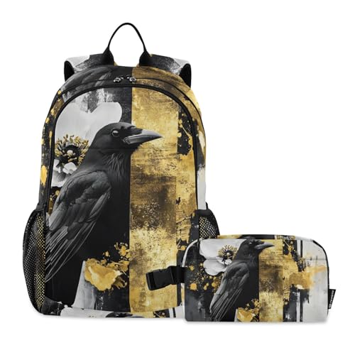 Backpack Lunch Bag Set for Travel Hiking Picnic, Crow White Flower Print Backpacks with Insulated Lunch Box