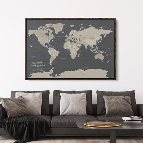 Image of Earth Tone World Map with Pins - Personalized Canvas Push Pin Map - Framed World Travel Wall Decor - Brown Float Frame - 30 inch x 45 inch