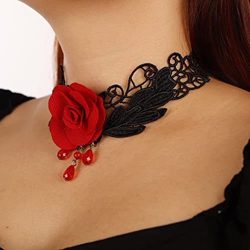 Missgrace Punk Vintage Black Lace Shiny Red Flower Crystal Choker Necklace for Women Chunky Short Necklace Black Chain Necklace for Women2