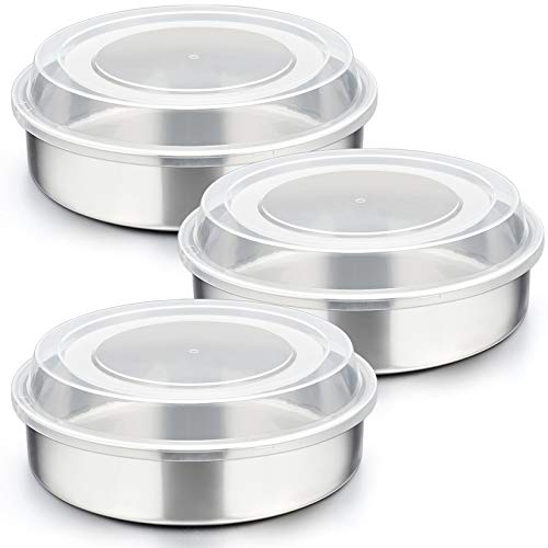 8-inch Cake Pan with Lid Set 3 Pans  3 Lids P&P CHEF Stainless Steel Round Baking Pan for Picnic Wedding Birthday Leakproof Pan Raised Plastic Lid Healthy Non-toxic Dishwasher Safe
