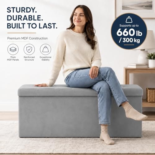 Image of ALASDO 43 Inch Folding Storage Ottoman Bench with Hidden Storage, Velvet Storage Ottoman Foot Rest Stool, End of Bed Bench for Bedroom, Living Room, Entryway and Closet, Dark Gray