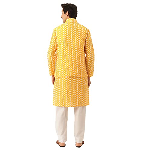 Image of SOJANYA (Since 1958 Men's Silk Blend Light Green Kurta & Nehrujacket with White Pyjama Combo