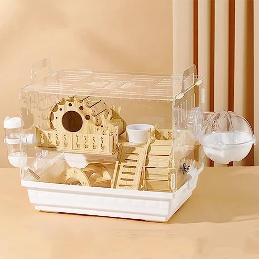 Cages Hamster Hamster Syrien Cage Hamster Nain Acrylique Transparent Petit Animal Cage Tout Bois Massif, pour Cochons d'Inde, Souris, Hamsters Nains Russes Cachette 35 × 26 × 28 cm (Blanc)