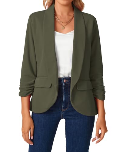 MINTLIMIT Womens Blazer 3/4 Ruched Sleeve Shawl Collar Business Work Blazers Open Front Casual Jackets with Pockets4