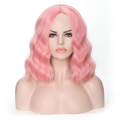 Rosa Star Short Wavy Hair Wigs for Women Synthetic Hair wig Heat Resistant Fiber Hair Wigs Middle Part (Pink)