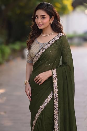 Image of Women's Designer Bollywood Soft Georgette Heavy Embroidery Sequins Work Sarees For Wedding With Blouse Piece
