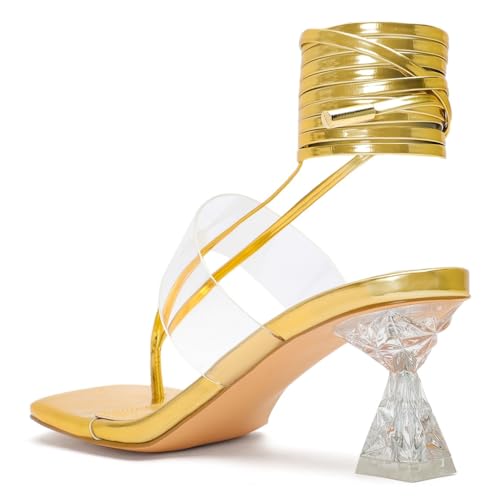 Heels for Women Square Open Toe Lace Up Thong Strappy Heel Sandals Sexy Tie Up Clear Chunky Heeled Sandals for Party Wedding3