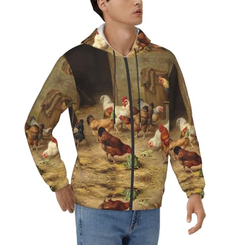 Sweat à capuche homme manches longues cordon serrage motif poules ferme casual