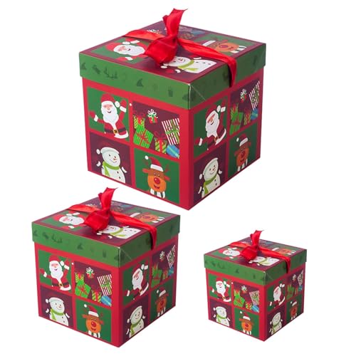 Caixas de ninho de Natal, caixas de papelão decorativas, caixa de presente empilhável de Natal, caixa empilhada de Natal com tampas e laço, 3 tamanhos variados para embalagens decorativas de Natal