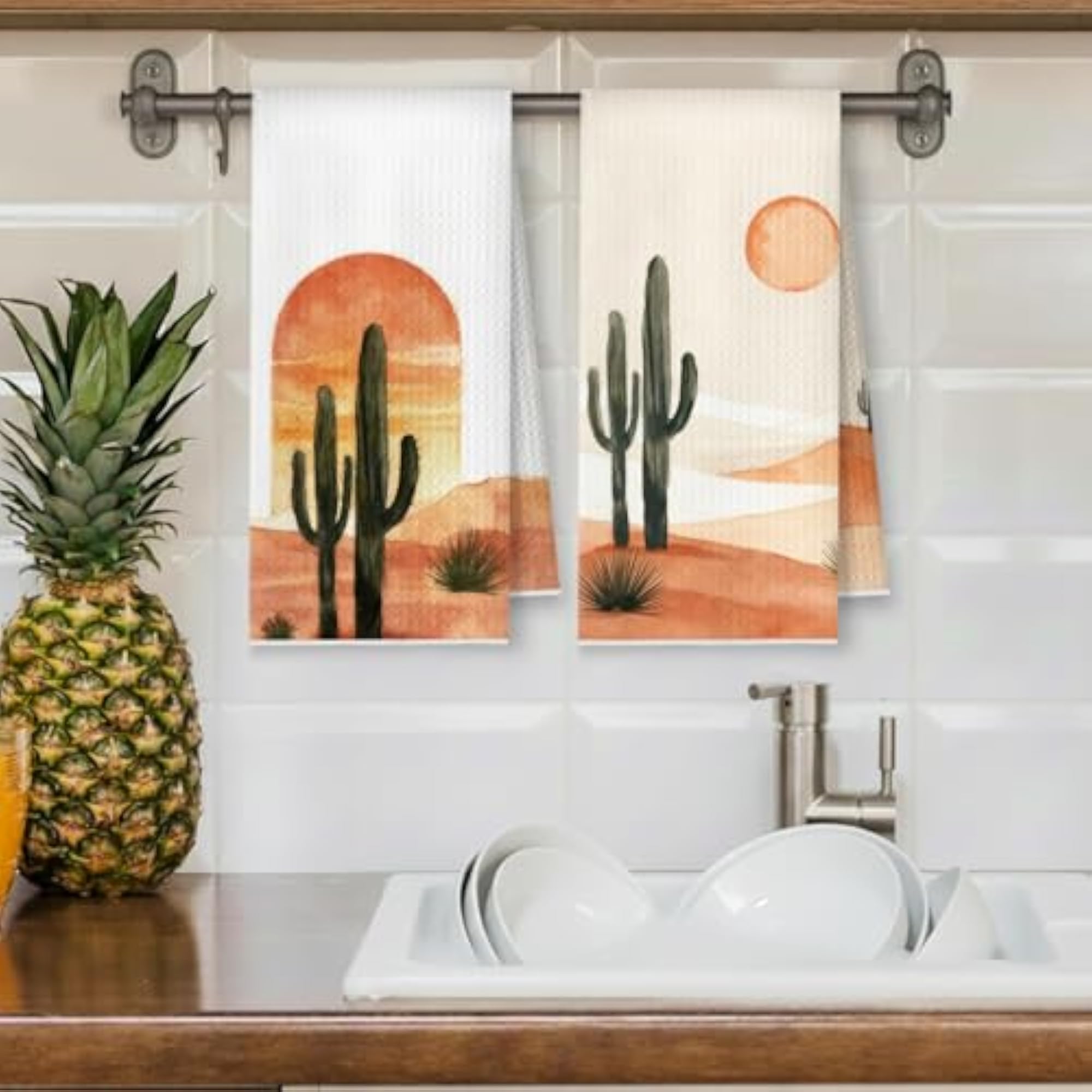 Boho Western Cactus Kitchen Towels, Abstract Sun Cactus Dish Towels