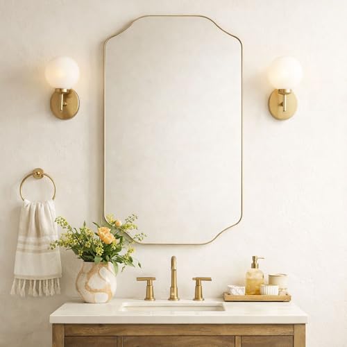Image of TEHOME Scalloped Gold Bathroom Mirror Decorative Brushed Brass Metal Framed Irregular Bathroom Vanity Mirror 24x32''