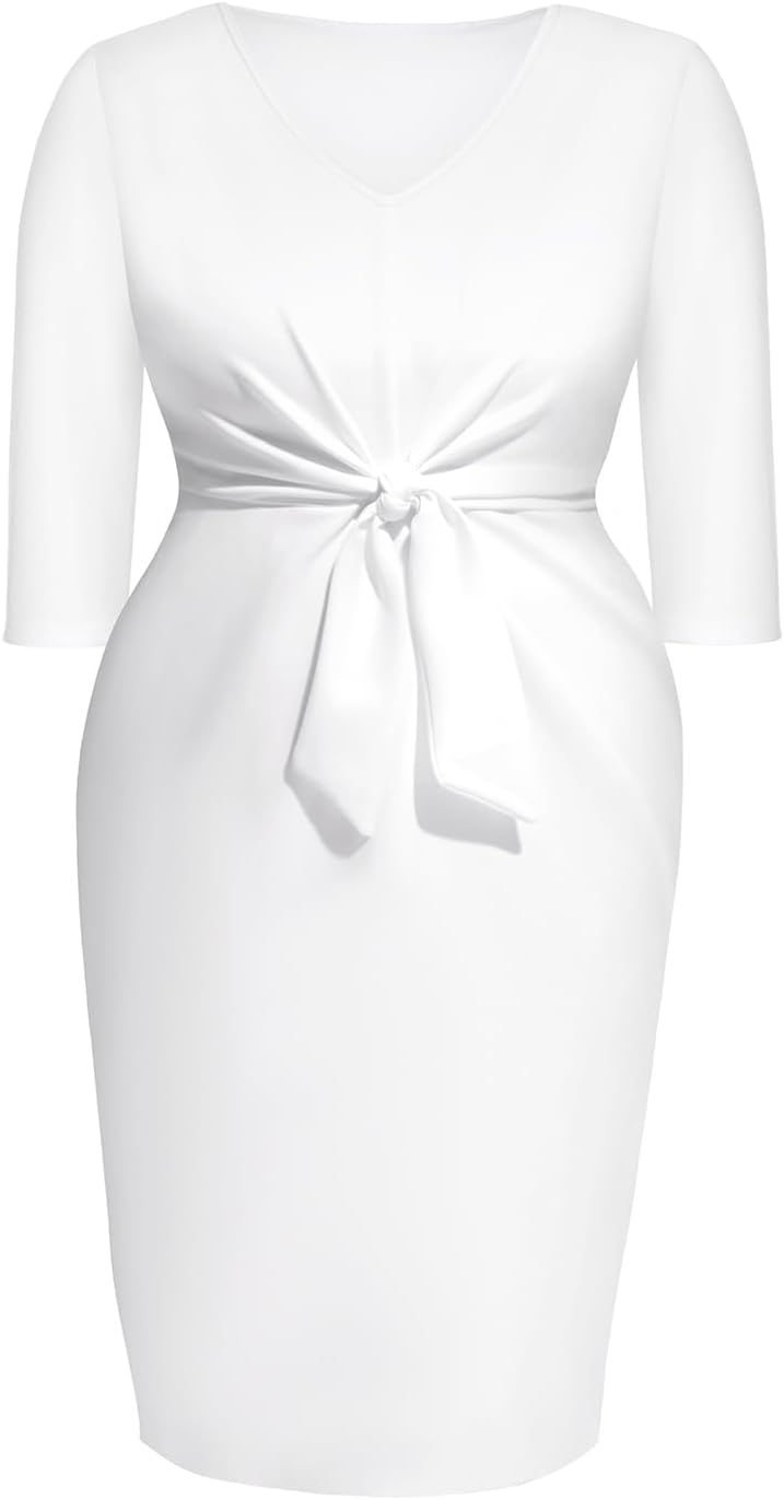 Pinup Fashion Women Plus Size Work Dresses - Wedding Guest Cocktail Semi Formal Tie Waist Sheath Dress - Image 3