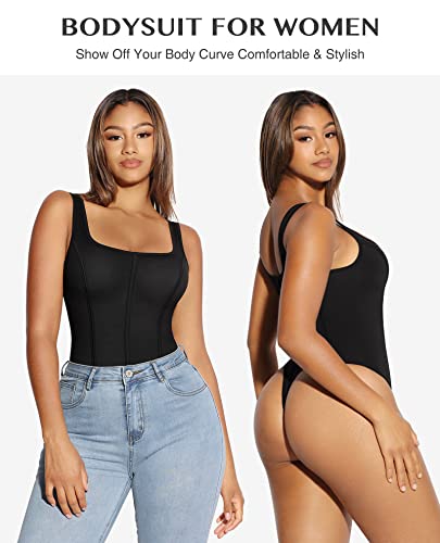 Feelingirl Shaping Bodysuits For Women Black Sleeveless Thong Body Suits Square Neck Tummy Control Body Shaper Tops #TOP2