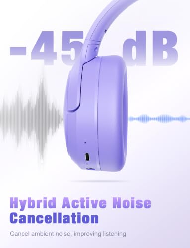 Image of RUNOLIM Hybrid Active Noise Cancelling Headphones, Wireless Over Ear Bluetooth Headphones with Microphone, 100H Playtime, Foldable Headphone with HiFi Audio, Deep Bass for Home Travel Office(Purple)
