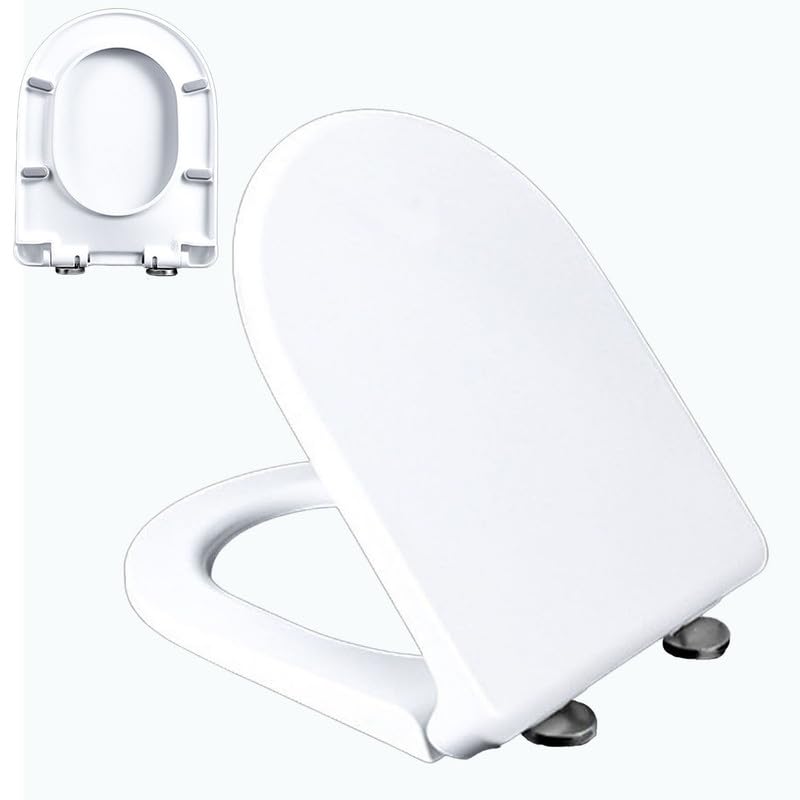 Tapa WC Universal en Forma de D/U, Asiento de Inodoro con Cierre Suave y Liberación Rápida para una Fácil Limpieza, Tapa de Inodoro con Bisagras Ajustables, Blanco, 02R, 46x37cm