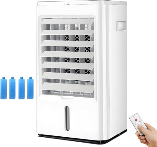 Image of SXXAZLDP Portable Air Cooler, Evaporative Cooler with 4 Ice Boxes, 3 Wind Speeds, Modes, Wide-Angle Oscillation, Touch Panel, Quiet Personal Cooling Fan for Bedroom, Office & Home Remote Control Type
