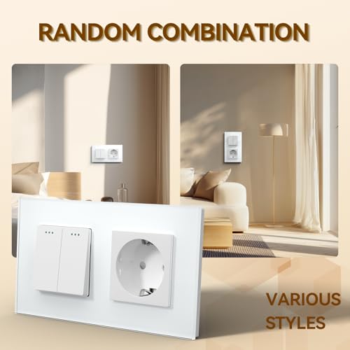 BSEED Druckknopf lichtschalter glas und 16A AC EU Steckdose Glasscheibe 2 Fach 1 Weg Wandschalter Wei&szlig;