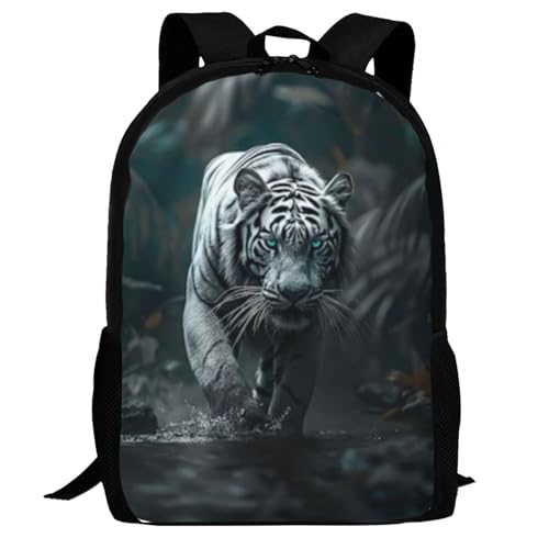 17 Inch Backpack for White Bengal Tiger Nature Lightweight Adjustable Animal Backpacks with Mesh Side Pockets for Travel Outdoor Sports