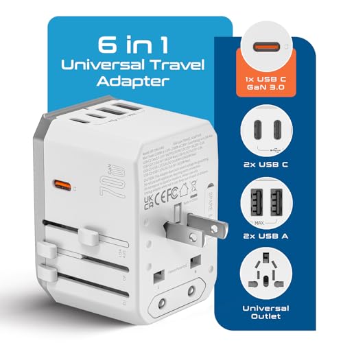 Image of Ceptics 6 in 1 Universal Travel Adapter with PD 70W USB-C and 2X USB-A and 2X USB-C 3A, Universal Charger with QC 3.0 for US /EU /UK /AU, Universal Power Adapter with Type I C G A Outlets