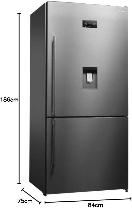Diagram showing the dimensions of the Sharp SJ-BG725D-SS refrigerator: 186cm height, 84cm width, and 75cm depth.