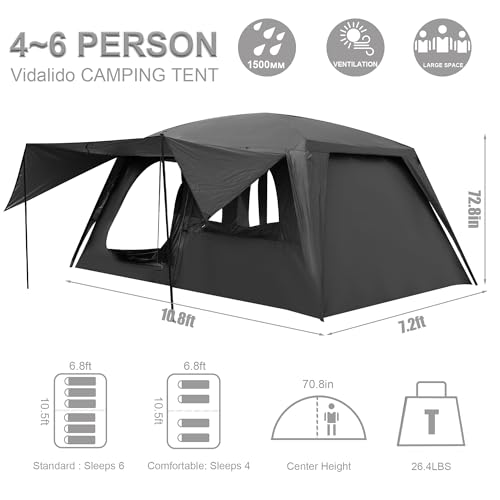 Vidalido 4-6 Person Camping Tent with 3 Door 2 Room Waterproof Black by Vidalido - Image 5