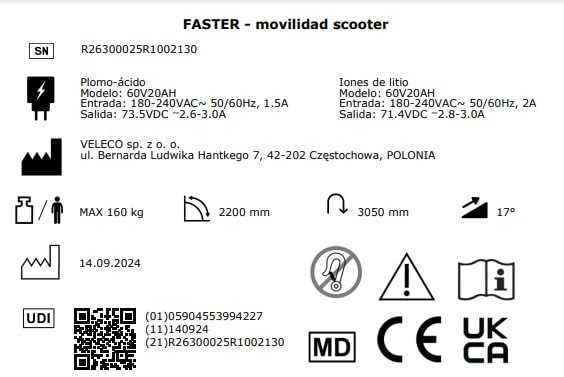 Technical specifications diagram for the VELECO FASTER scooter, showing battery types, charger details, weight capacity, turning radius, and incline capability.