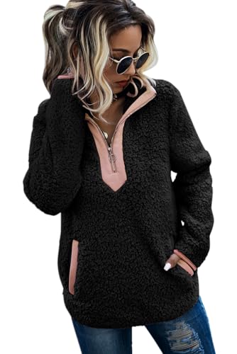 AQOTHES Womens Loose Casual Zipper Sherpa Fleece Pockets Pullover Sweatshirt for Women Black
