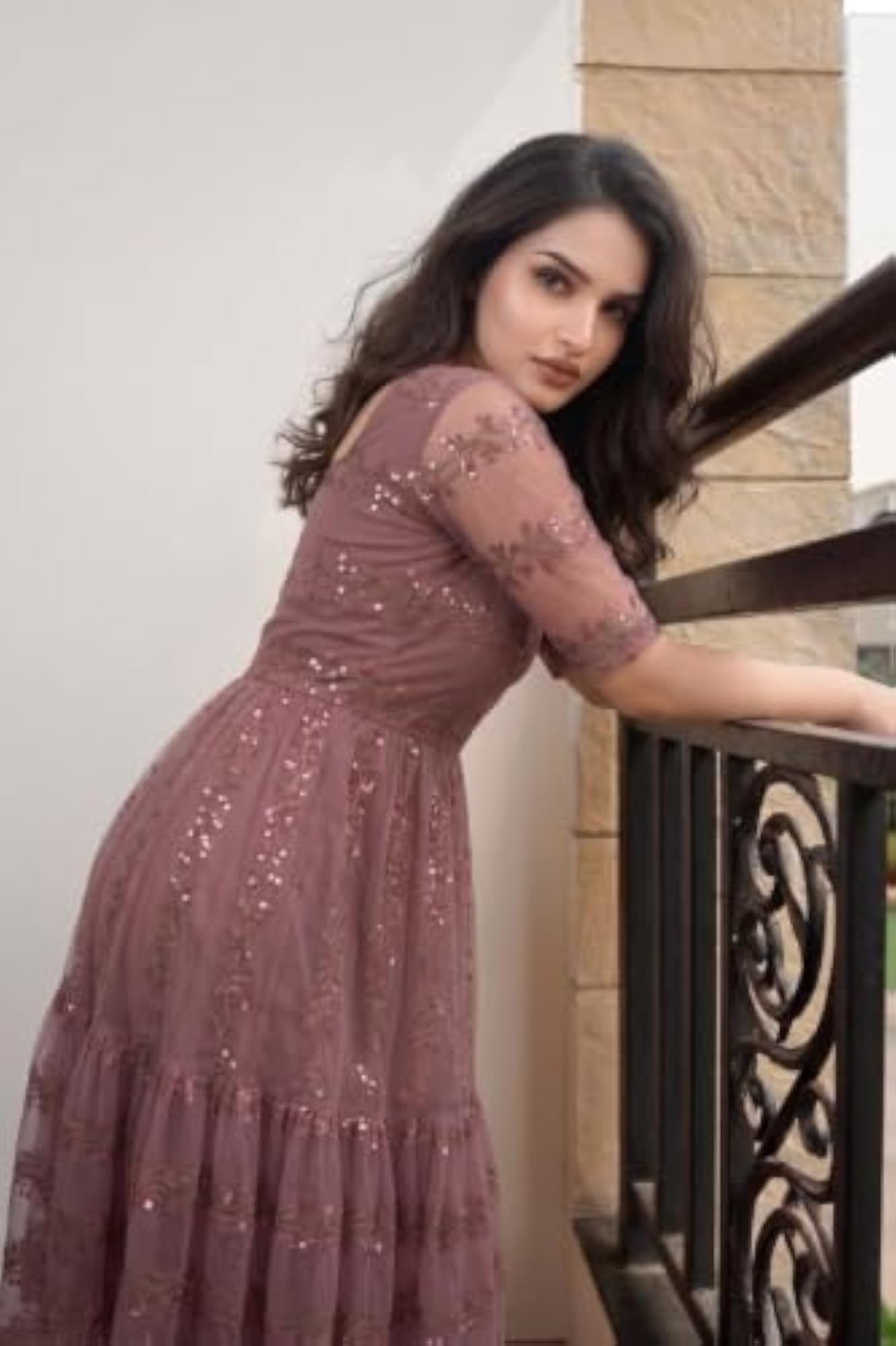 Women's Brown Net Embroidered A-Line Dress