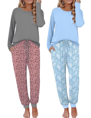 Image of Ekouaer 2 Pack Womens Pajama Sets Long Sleeve Pjs Soft Comfy Lounge Set