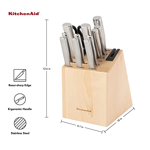 Image of KitchenAid Gourmet 14 piece Forged Stainless Steel Knife Block Set with Built in Knife Sharpener, Japanese Stainless Steel, Sharp Kitchen Knife Set with Block, Birchwood