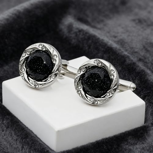 Set de Mancuernas para Hombre con Piedra Arenisca Azul Negra y Rhinestones miniatura 4