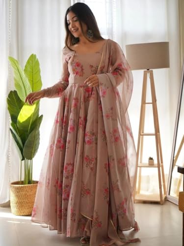 Image of DIGAMBARA Digital Floral Printed Georgette Anarkali Gown for Women, Ethnic Wear, Printed Maxi Length Gown, Round Neck Half Sleeve, Perfect for Festival, Party and Wedding, Brown
