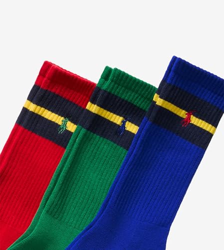 Polo Ralph Lauren Mens Socks Vintage Stripe Crew Sock - 3 Pack - Red, Green, Blue with Polo Pony2
