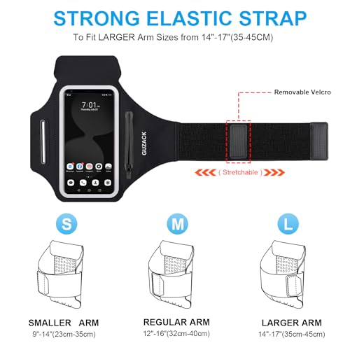 GUZACK Running Phone Holder with Zipper Pouch, Running Armband for iPhone 17/16/15/14/13 Pro Max/Plus, Galaxy S25/S24/S23/S22, Cell Phone Arm Holder with Card Slot - Size L (Bigger Arm 14-17 in)