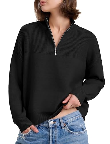 Image of PrettyGuide Women's Long Sleeve Quarter Zip Oversized Pullover Striped Sweater Casual Mock Neck Loose Rib Knit Tops, Black, Small