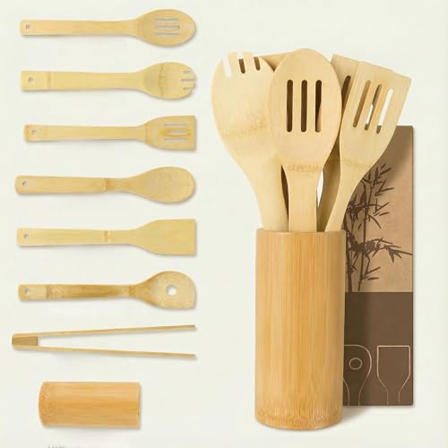 Bamboo Cooking Utensils 8-Piece, Wooden Kitchen Tools with Holder, Non-Toxic