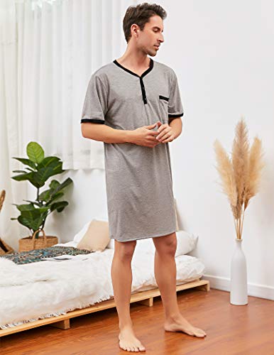 Enjoyoself Men's Nightshirt Short Sleeve Nightgown Henley Kaftan Night Sleepshirt Long Hospital Gowns With Pocket #TOP2