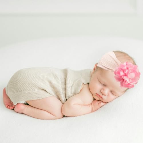 2PCS Baby Girls Flower Headbands Soft Nylon Hairbands Handmade Hair Accessories For Kids Toddlers Infants Newborn Child(white and pink, elastic)4