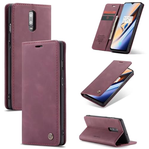 SLWYF Handyhülle für OnePlus 7 Hülle Premium Lederhülle Klappbar Flip Hülle Tasche Magnet Kartenfach Standfunktion Klapphülle Schutzhülle für OnePlus 7, Rot