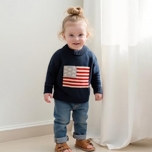 Toddler Baby Boy Girl 4th of July Outfit Long Sleeve Crewneck American Flag Sweater Memorial Day Patriotic Pullover Knit Tops4