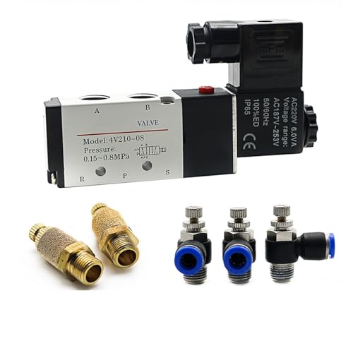 Pneumatic Electric Solenoid Valve 4V210-08 5 Way 2 Position Control Air Gas Magnetic Valve 12V 24V 220V 4mm-12mm Hose Fittings(Sl 8mm Adjust,DC12)