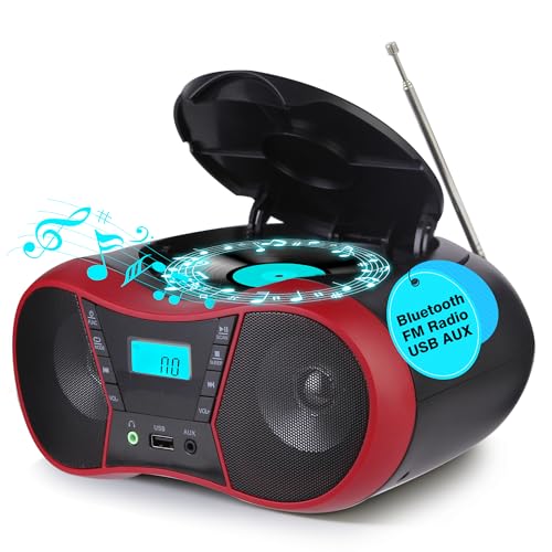 M-Amazup Boombox CD Player Portable, Portable CD Players for Home, Radio CD Player Stereo with AUX/USB/FM/Bluetooth, AC/Battery, Sleep Timer, Boom Box with Bluetooth Gift for Kids,Seniors,Home, Red