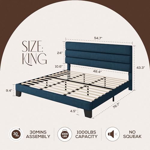 WEEWAY King Bed Frame Platform Bed with Linen Fabric Upholstered Headboard and Wooden Slats Support, Heavy Duty Mattress Foundation, No Box Spring Needed, Easy Assembly, Navy Blue