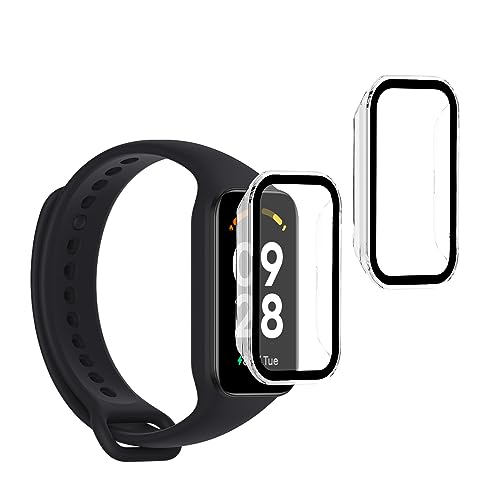 kwmobile Carcasa Compatible con Xiaomi Redmi Smart Band 2 Funda - 2X Protector Pantalla Completo de Cristal Templado - Ultrafino y antigolpes - Transparente