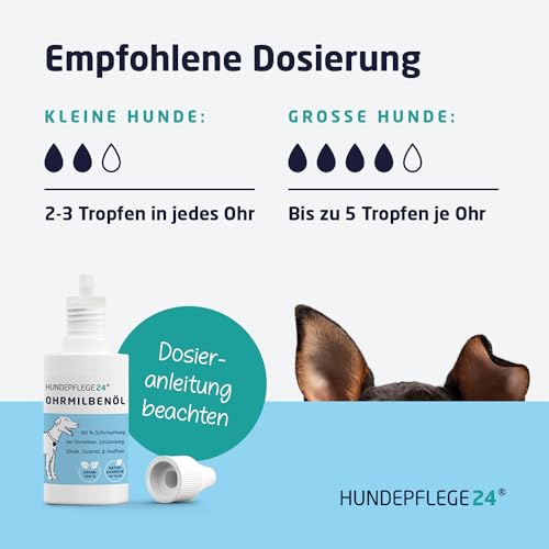 Hundepflege24 Ohrentropfen für Hunde - Ohrmilben, Juckreiz & Ohrentzündungen natürlich & schonend entfernen - Hochwirksame, sofort wirkende Ohrenpflege für Hunde - Ohrmilben Hund 50ml