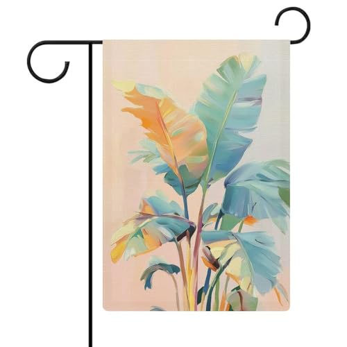 Riesige grüne Bananenblätter, Gouache-Gartenflagge, saisonale Feiertage, Jute, doppelseitig, Haus, Hof, Außenflaggen, 32 x 47 cm