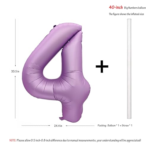 Image of 40 inch Matte Lavender Purple Birthday Number 4 Helium Foil Mylar Balloon | Helium Foil Mylar Four Balloon Purple Birthday Party Decorations Suitable 4st 4th Birthday Parties, Anniversary Celebration