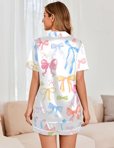 Image of Ekouaer Womens Satin Silk 2 Piece Pajamas Set Short Sleeve Sleepwear | Button Down Top and Shorts Loungewear Set for Sleep, Home, Wedding, Travel, Party, Daily Wear & Great for Sharing
