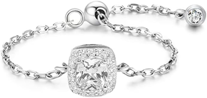 OIDIMSCubic Zirconia Link Chain Statement Ring with Dangle Beaded Ball S925 Sterling Silver Adjustable Band Birthstone Stacking Promise Rings Tassel Dangling Fashion Jewelry for Women